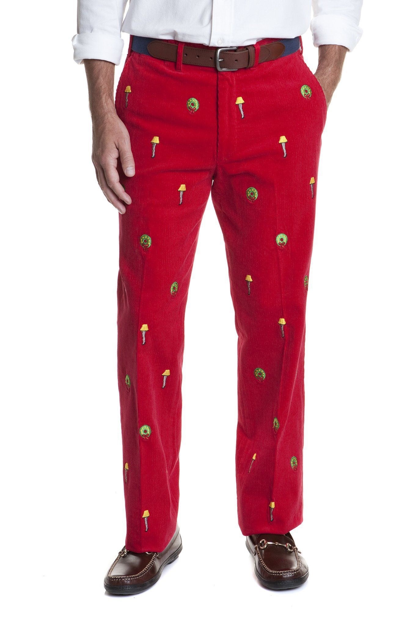 Beachcomber Corduroy Pants for Men - Crimson Red Casual Trousers with Leg Lamp Design | Perfect for Fall Fashion, Outdoor Adventures & Holiday Parties