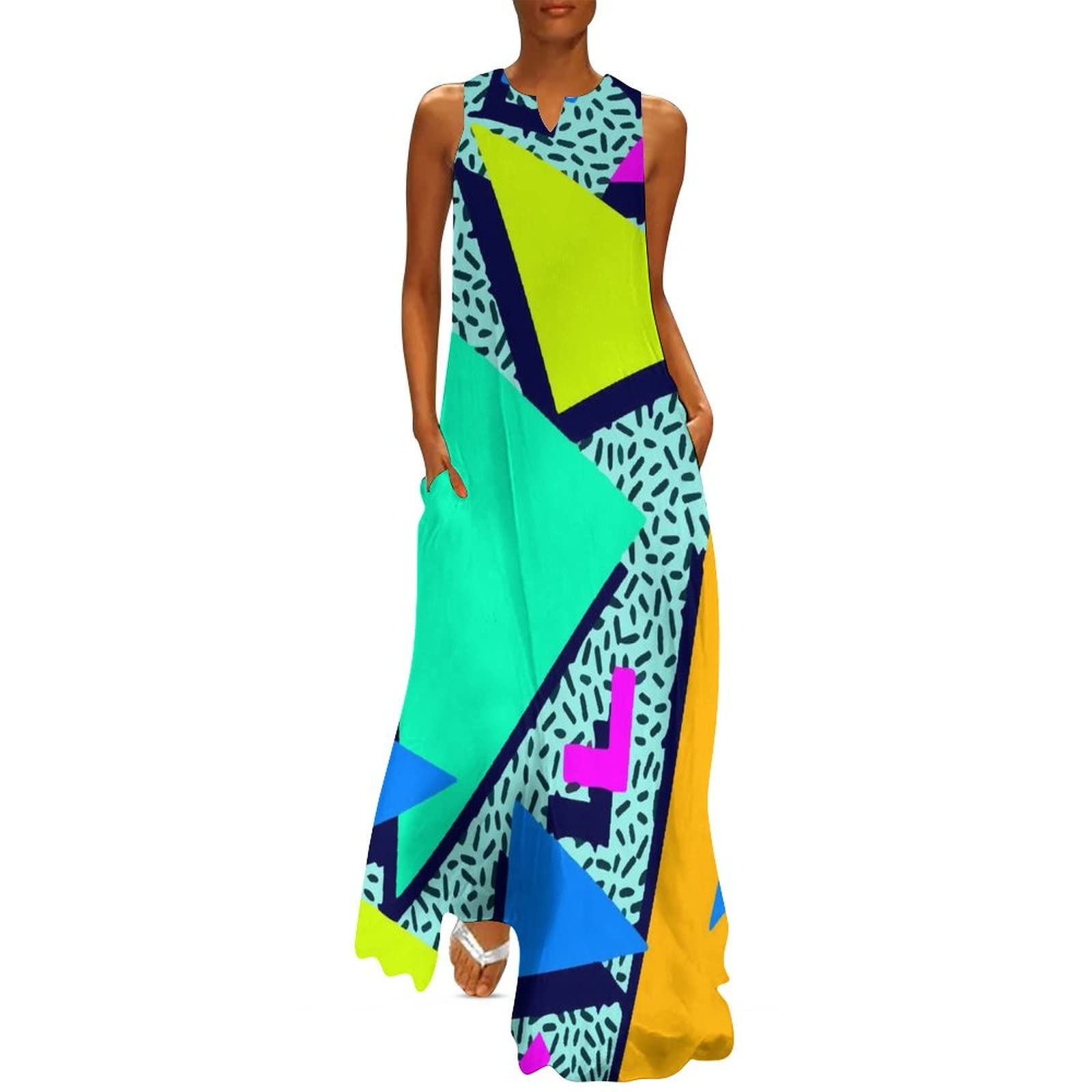 Vintage 80s 90s Memphis Style Women's Summer Dresses - Casual Sleeveless Long Maxi Dress for Beach, Party & Everyday Wear