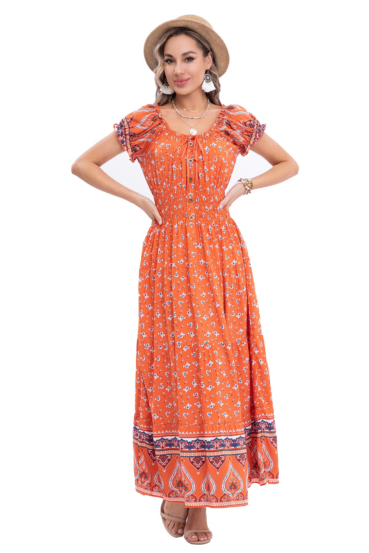 OSTOO Women's 2025 Summer Floral Maxi Dress - Boho Tiered Long Dress with Short Sleeves, Casual Flowy Beach Dress for Vacation, Party & Everyday Wear