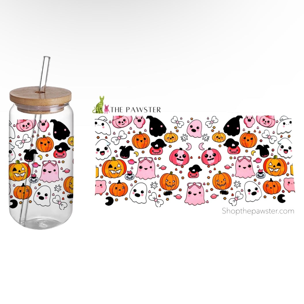 #133 Halloween Ghost & Pumpkins 16oz Cup Wrap - Spooky Party Decor, Coffee Mug Sleeve for Fall Celebrations