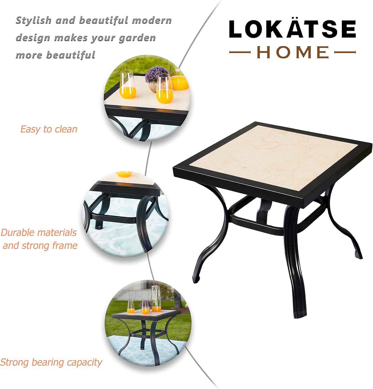 LOKATSE HOME Outdoor Patio Bistro Square End Table with Tile Top and Metal Legs - Perfect for Garden, Balcony, and Poolside Dining