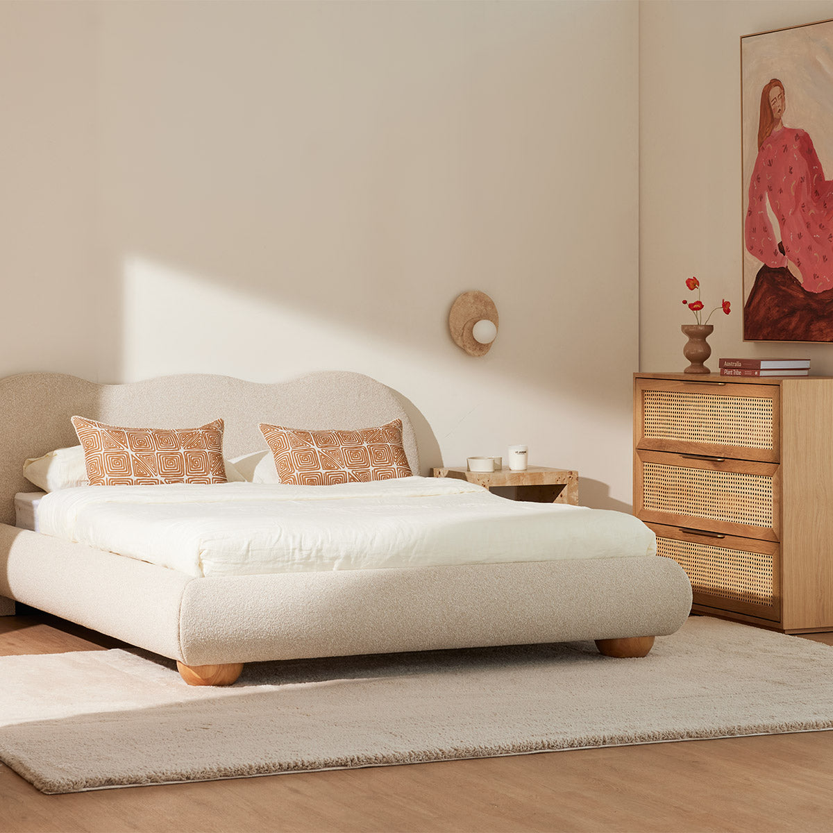 Amalfi Boucle King Bed Frame in Sand Color - Luxurious Upholstered Headboard for Master Bedroom Decor