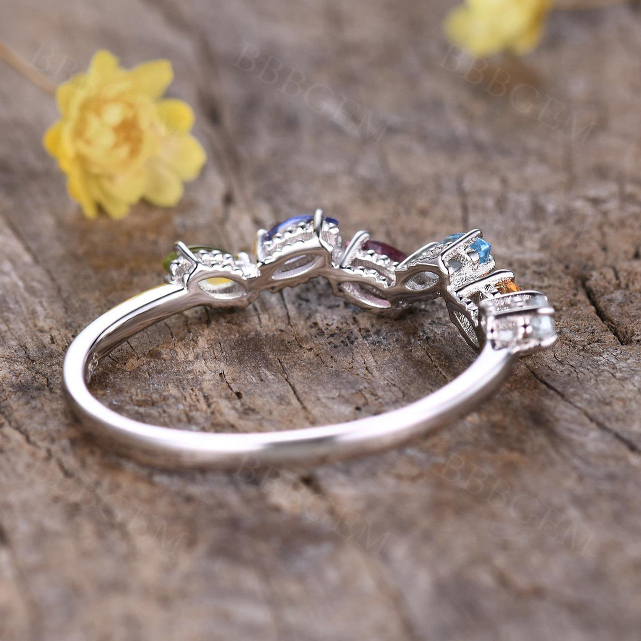 14K White Gold Rainbow Birthstone Stackable Ring - Multi Color Gemstone Band for Mom, Family, Gift | Perfect for Birthdays, Anniversaries, Mother's Day & Everyday Wear