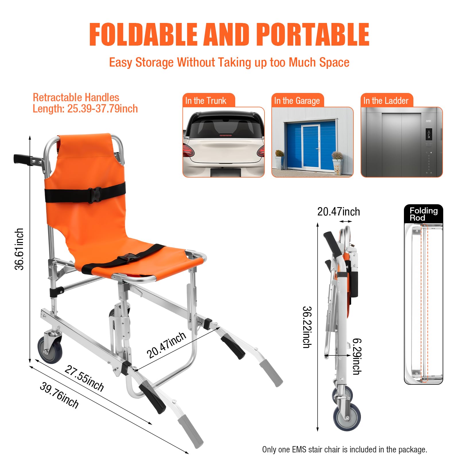 EMS Stair Chair - 350 Lbs Capacity Medical Evacuation & Patient Transfer Chair with 2 Wheels & Adjustable Straps - Foldable Ambulance Transport for Emergency Staircase Rescue & Home Mobility Assistance