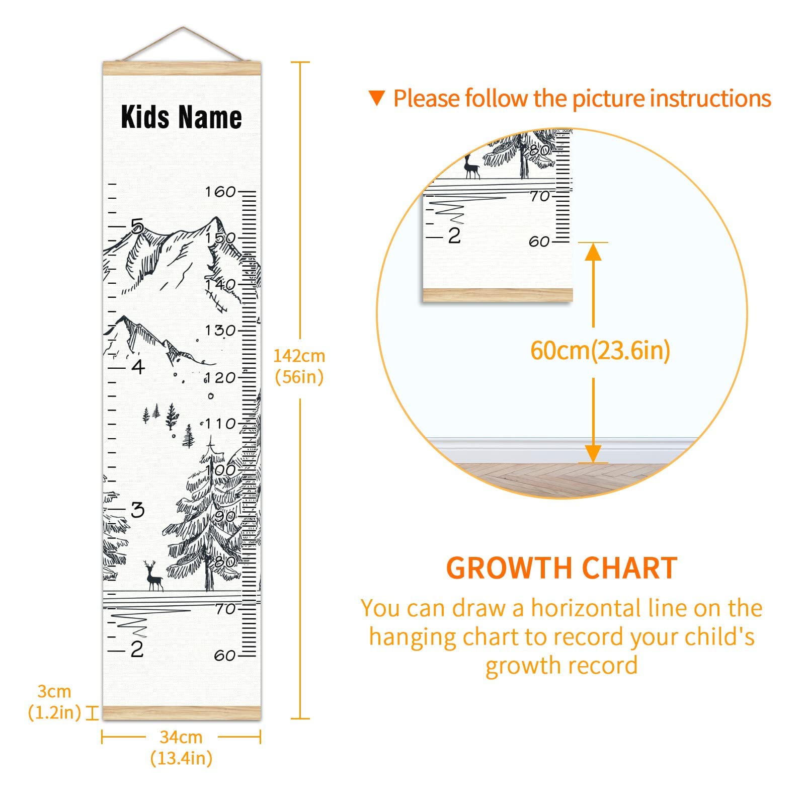 Personalized Kids Name Growth Chart Ruler - Wood Frame Wall Height Measure for Children 13.4x56 Inches - Linen Hanging Growth Tracker for Nursery, Bedroom & Playroom Decor - Perfect for Winter Mountain Themed Kids Rooms & Baby Shower Gifts