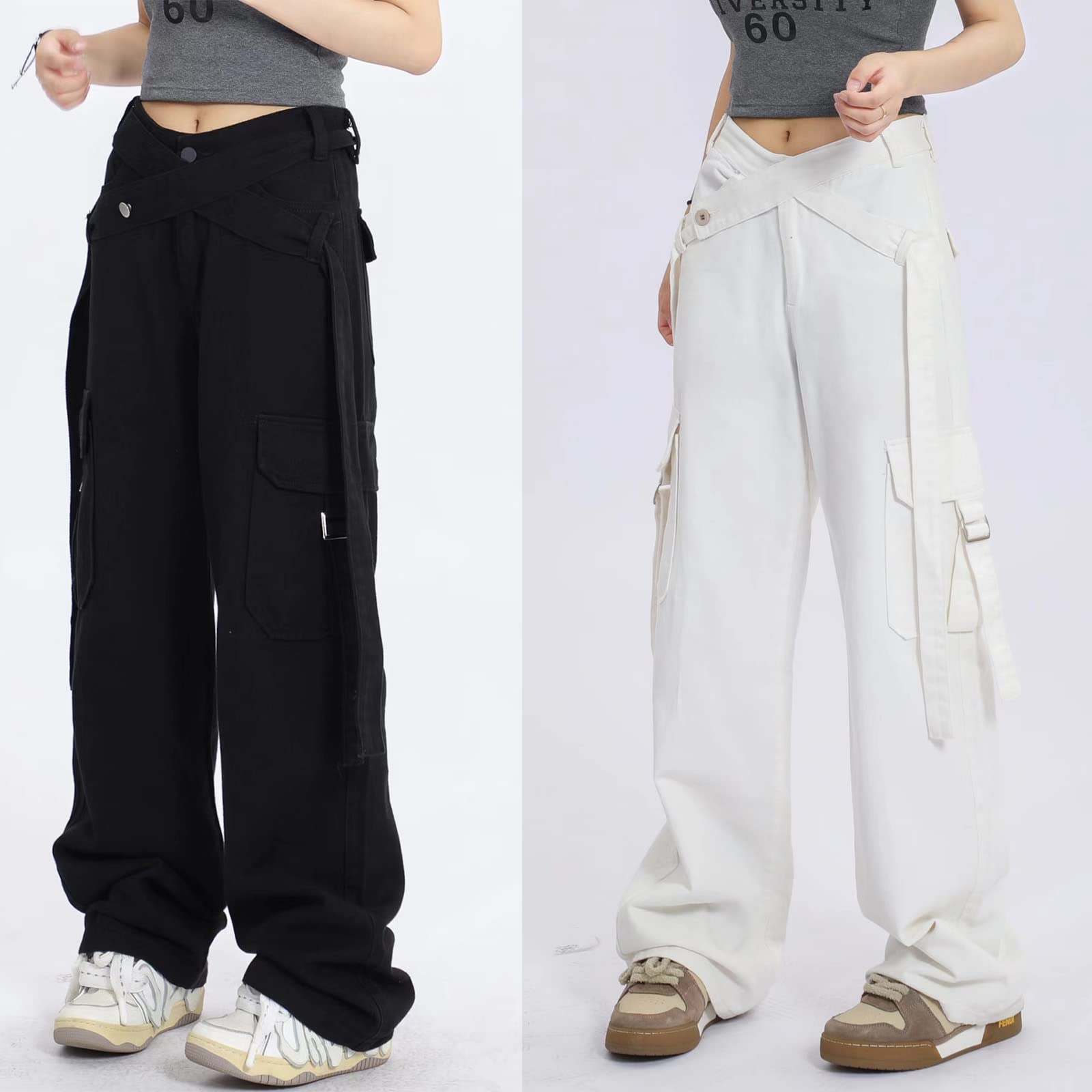 Women's High Waist Wide Leg Cargo Jeans - Y2K Fashion Denim Pants with Flap Pockets & Belt | Trendy Boyfriend Baggy Jeans for Casual Outfits & Streetwear Style