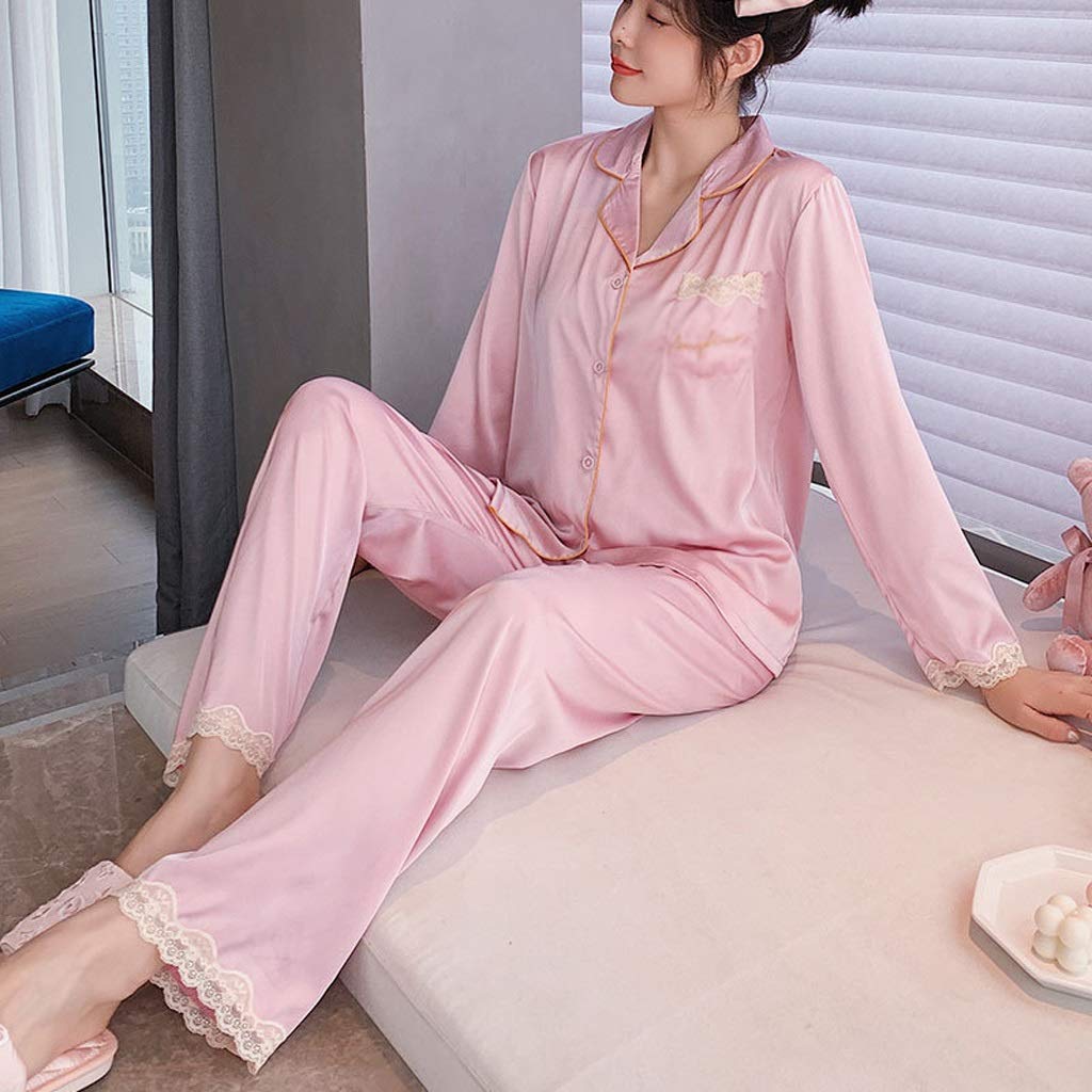 PDGJG Women's Summer Ice Silk Lace Pajama Set - Long Sleeve Breathable Two-Piece Sleepwear (Large, Color A) | Comfortable Nightwear for Home, Lounge & Vacation