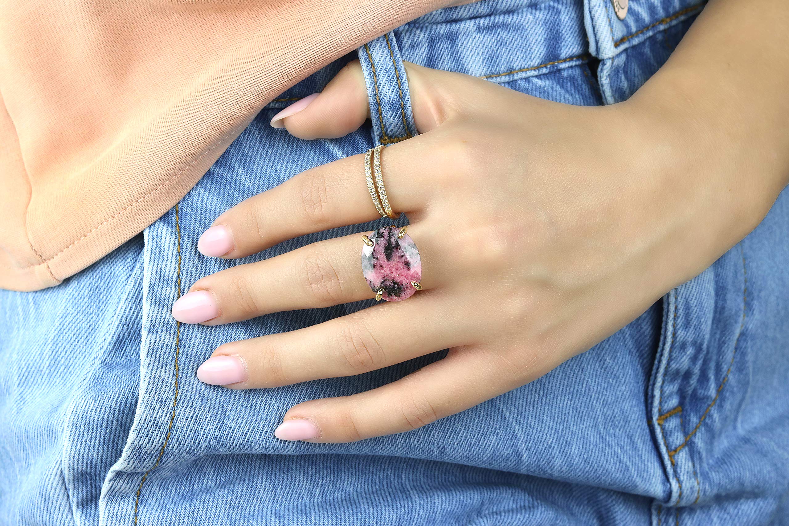 Natural Rhodonite Ring - Gold Filled Oval Gemstone Jewelry for Women - Perfect Gift & Everyday Wear