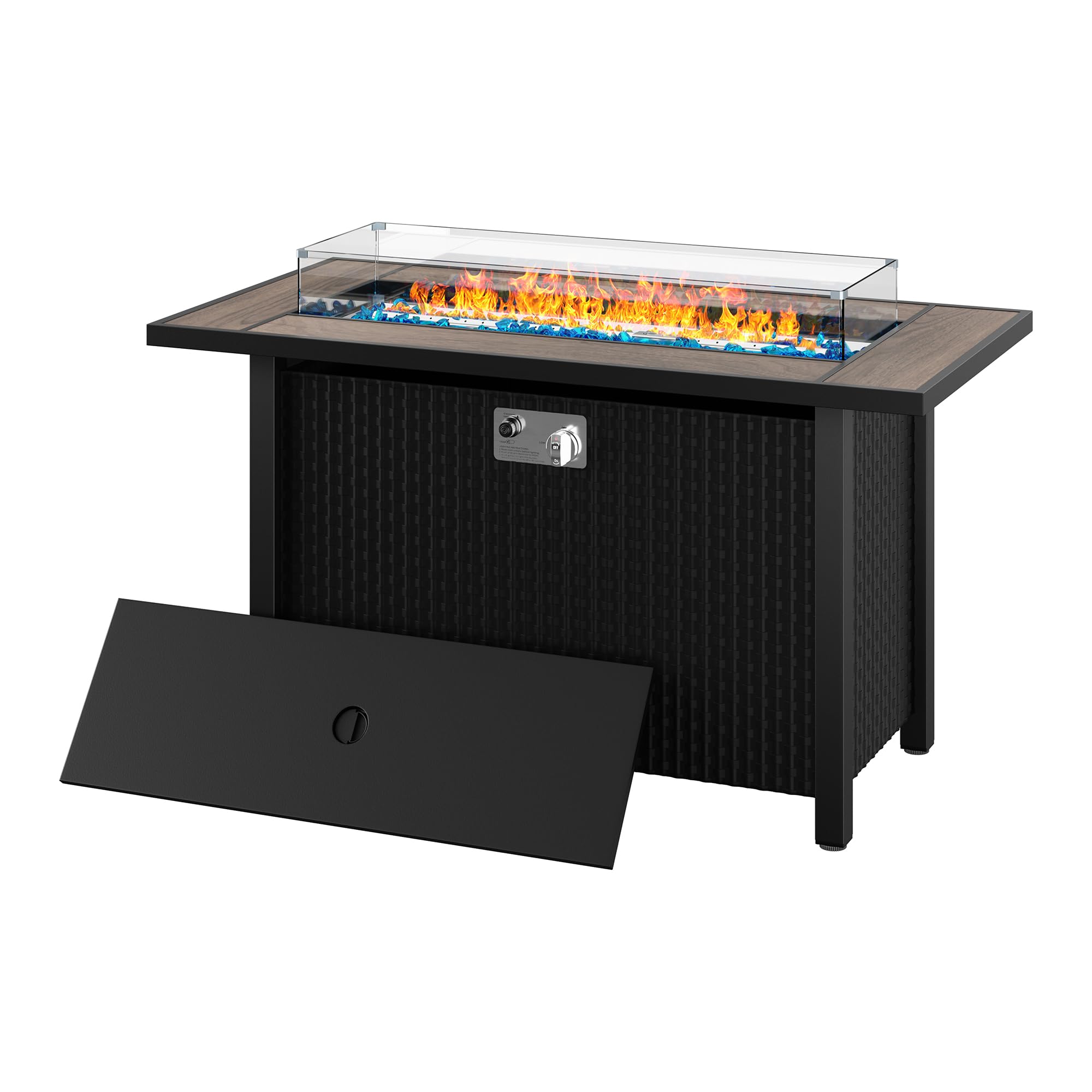 Shintenchi 45 Inch Outdoor Propane Fire Pit Table with Glass Window Protector - 50,000 BTU Steel Gas Fire Pit with Lid, Glass Crystal Stones, Waterproof Cover & Rattan Design (Brown Top) - Perfect for Patio, Backyard, Garden & Outdoor Gatherings