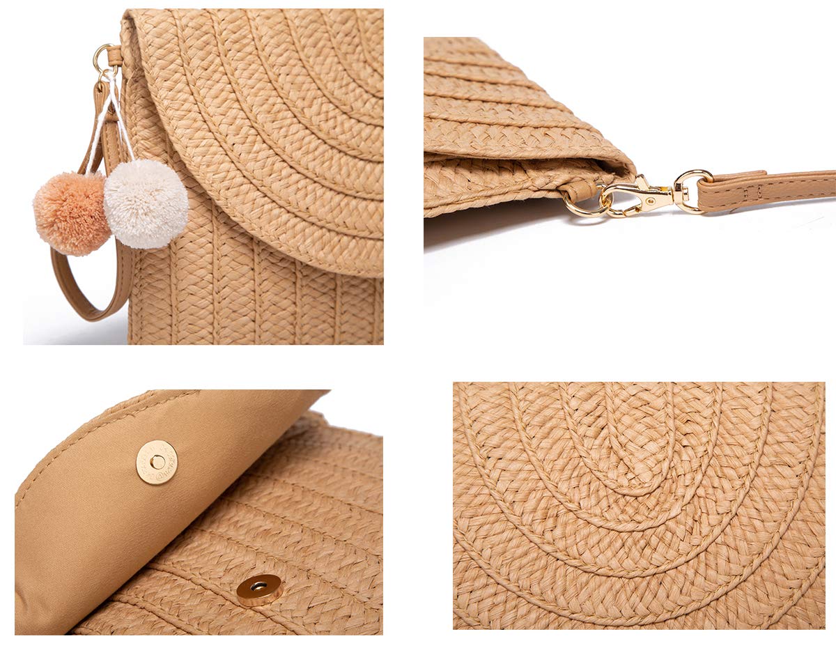 Handwoven Straw Clutch with PomPom - Women's Crossbody Bag for Summer Beach, Boho Purse & Wallet | Perfect for Vacations, Pool Parties, and Outdoor Events