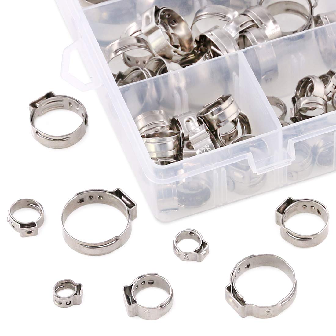 Swpeet 155Pcs Single Ear Hose Clamps Assortment Kit - Stainless Steel Hose Clamp Set for Automotive, Plumbing & Marine Applications - Perfect for Pipe Repair, Water Lines & Fuel Hoses