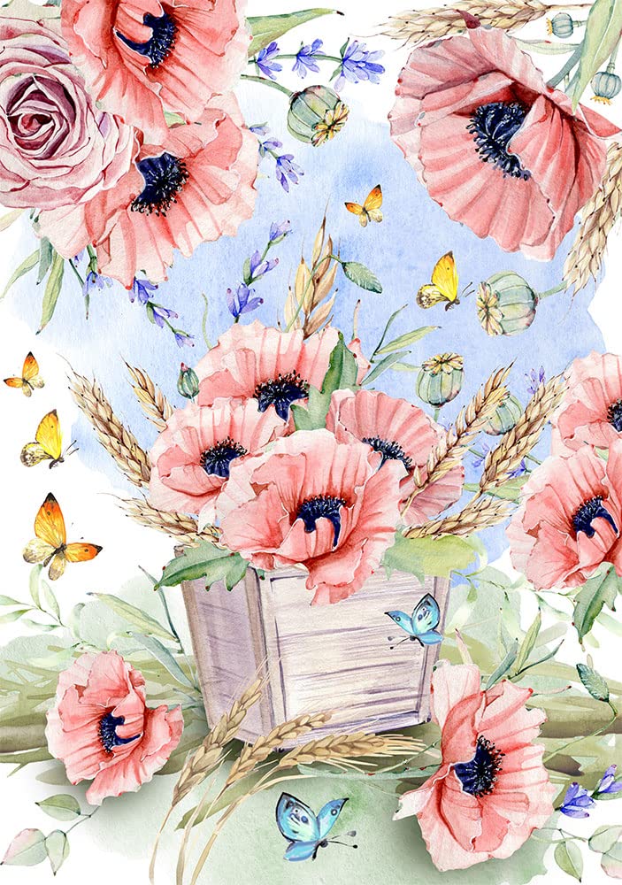Vintage Decoupage Rice Paper A4 Size - Red Poppy Flowers (Papaver Meadow) for Scrapbooking, Card Making, Home Decor & DIY Crafts - 2 Sheets Pack