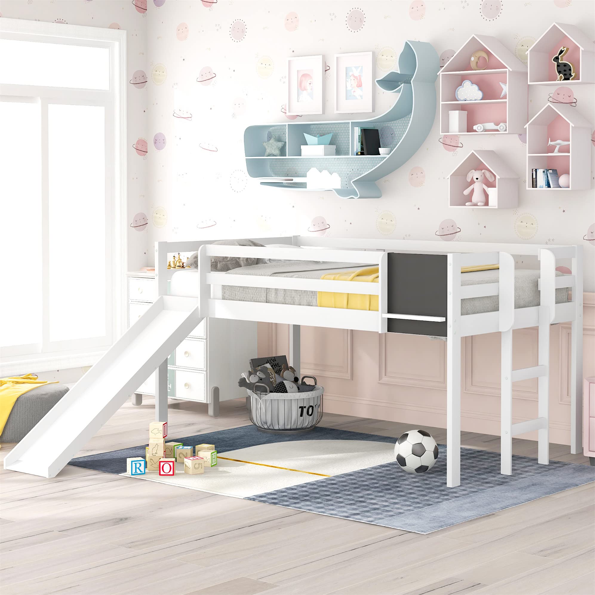 Harper & Bright Designs Twin Loft Bed with Slide - Solid Wood Low Bunk Bed with Chalkboard for Kids, Girls & Boys - White | Perfect for Small Bedrooms, Playrooms & Kids' Shared Spaces