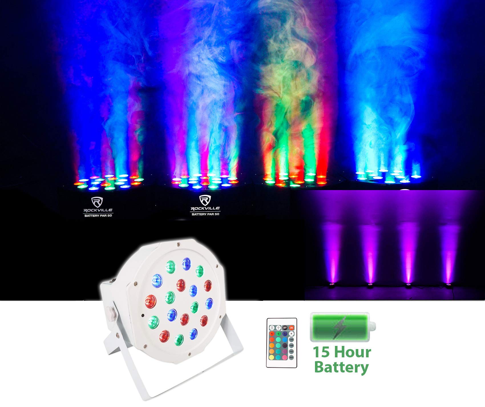 Rockville PAR 50 White Rechargeable LED DMX DJ Wash Lights (3-Pack) with Carrying Bag - Professional Stage Lighting for Concerts, Clubs, and Events