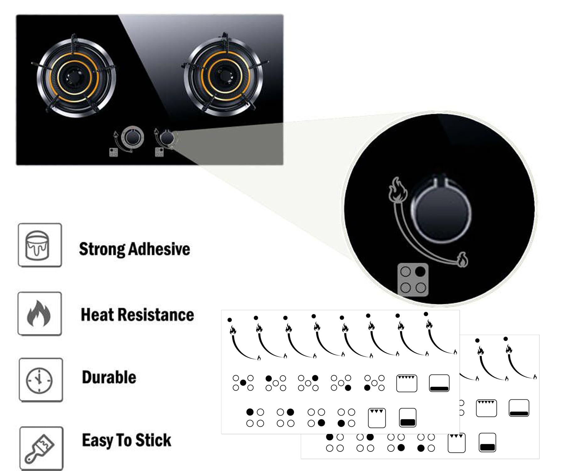 Flame Indicator Stickers - High Heat Resistant Oven Knob Labels for Stove, Cooktop & Hob - 2 Pack Adhesive Symbols for Safe Cooking & Easy Temperature Identification
