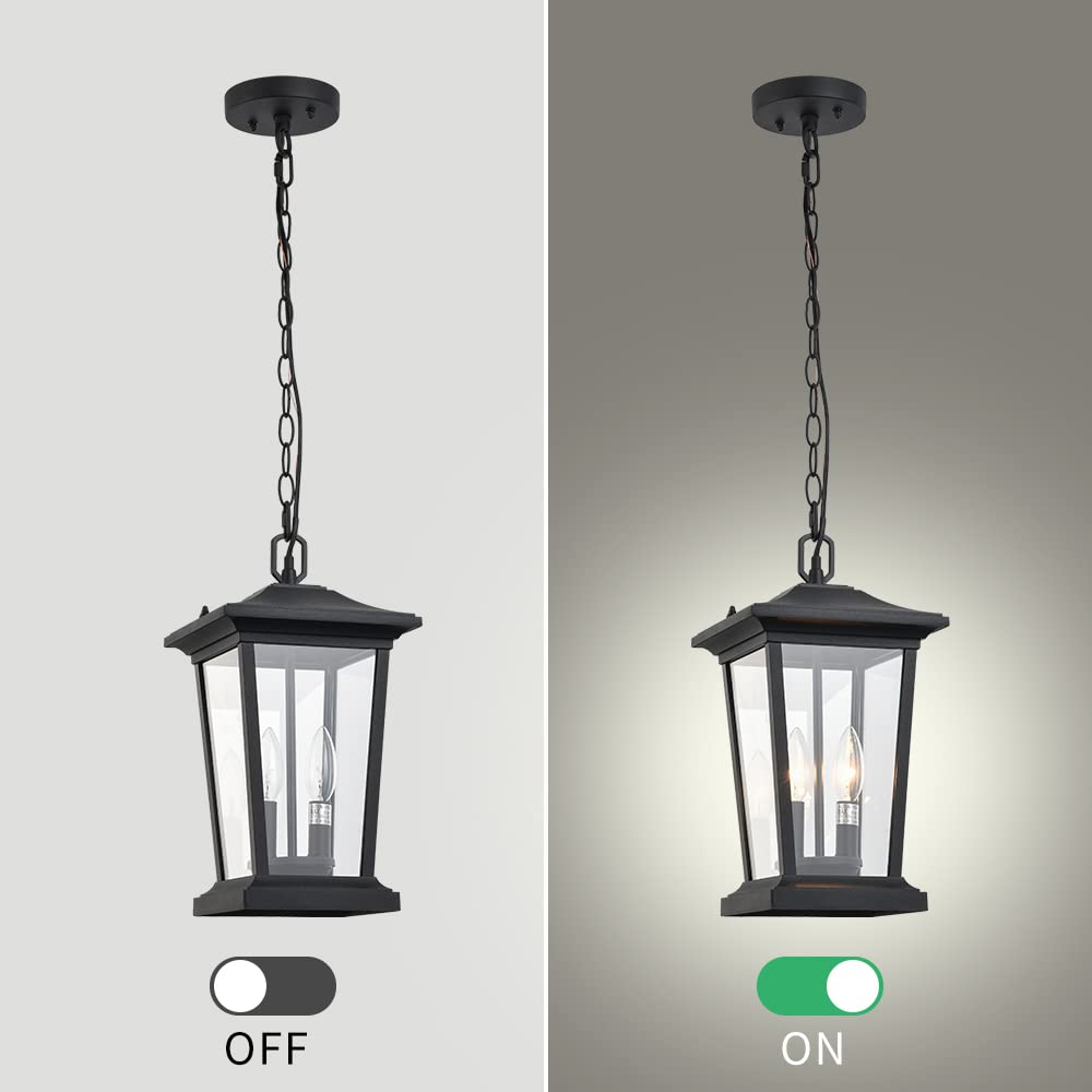 Modern Matte Black Outdoor Pendant Light - 2-Light Exterior Hanging Lantern with Clear Glass for Porch, Patio & Garden Lighting | Weather-Resistant & Stylish Design