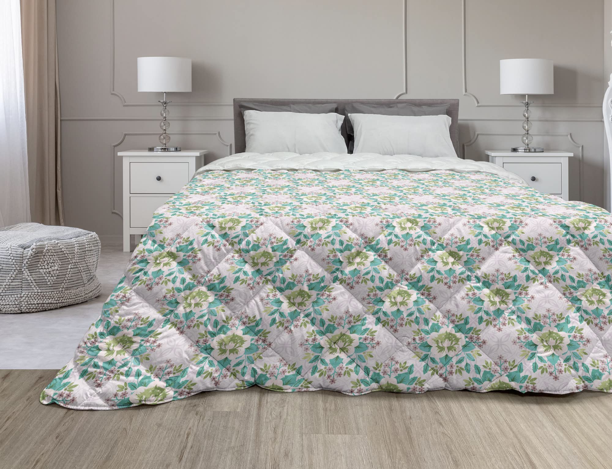 Ambesonne Floral Down Alternative Comforter - Queen Size Dark Seafoam Pale Rose | Retro Botanical Flower Bouquet Design | All-Season Microfiber Quilt for Bedroom Decor | Perfect for Master Bedroom, Guest Room & Cozy Home Styling