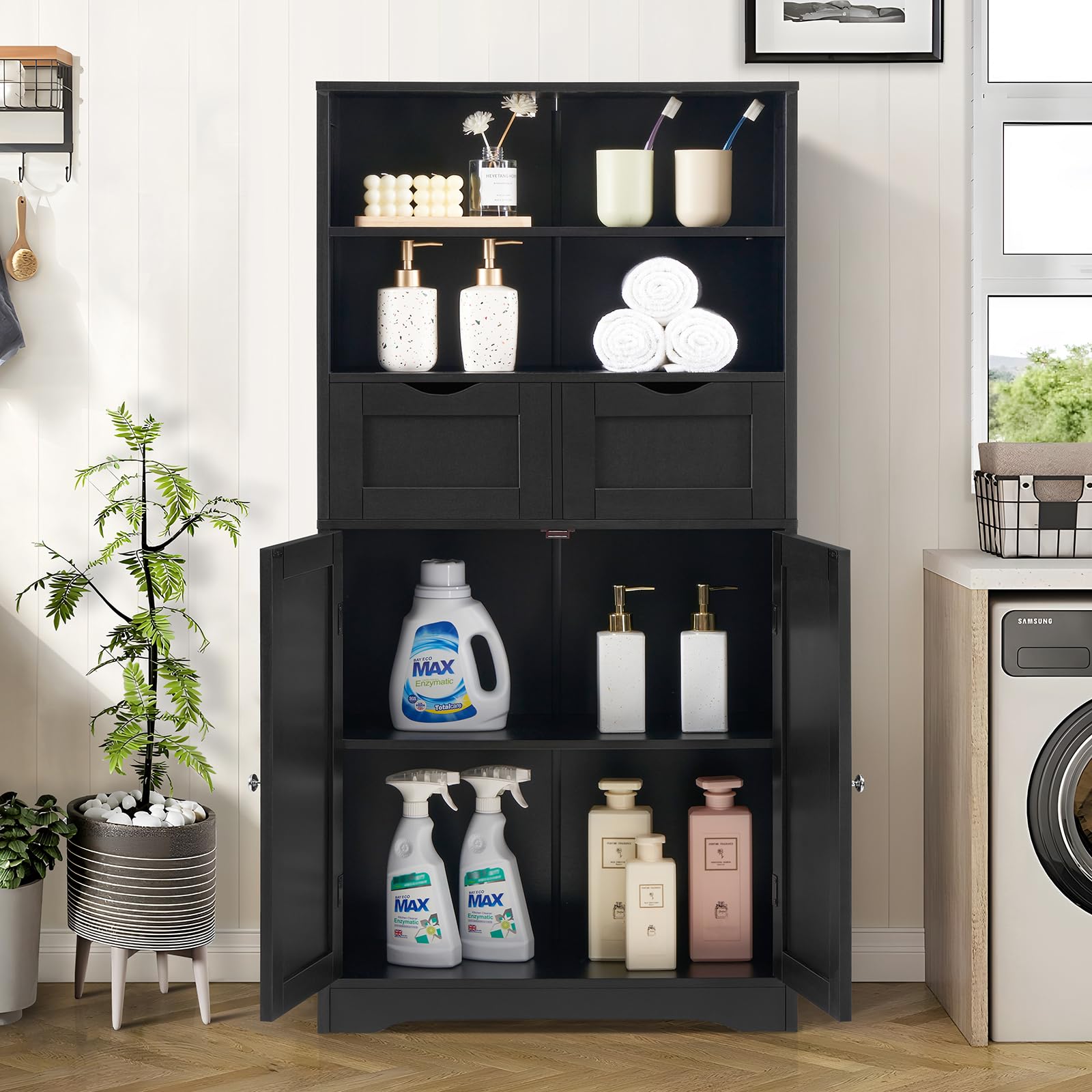 Iwell Tall Storage Cabinet with 2 Drawers & Adjustable Shelves - Black Bathroom Cabinet for Living Room, Dining Room, Entryway - Perfect for Organizing Towels, Linens & Home Essentials