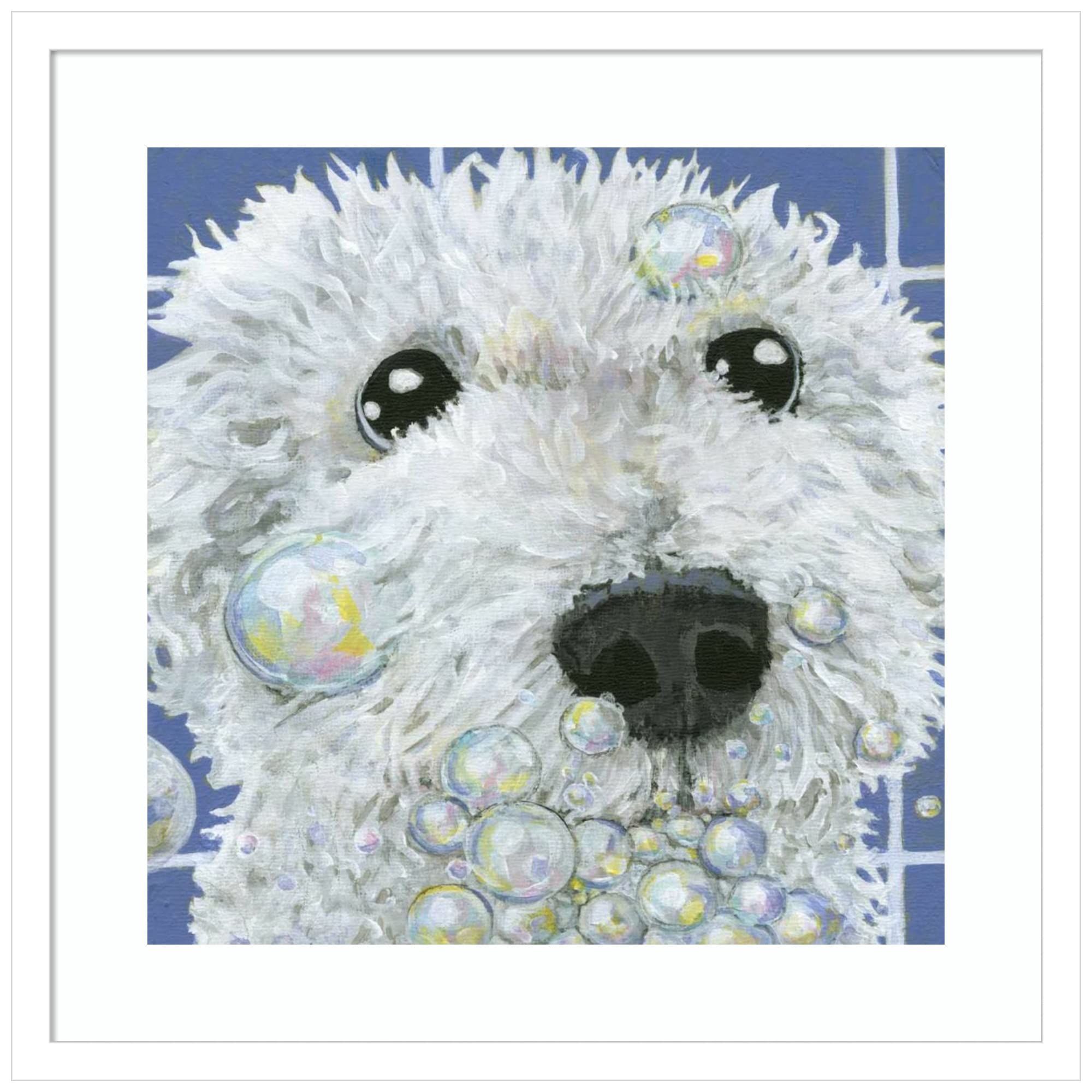 Amanti Art Wood Framed Wall Art Print - 'Bubbles' Stella Dog Painting by Dlynn Roll, 21x21 Inch White Frame - Home Decor for Living Room, Bedroom & Office