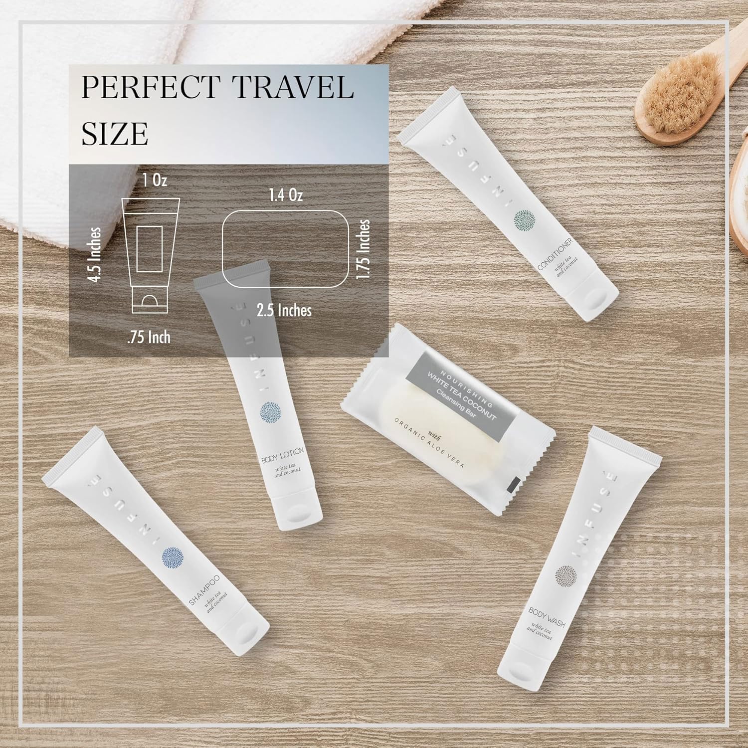 150-Piece Travel Size Toiletries Set - 30 Sets of 1oz Shampoo & Conditioner, Body Wash, Lotion & 1.25oz Bar Soap | White Tea Coconut Scent | Bulk Hotel Amenities for Travel, Hospitality & Guest Gifts