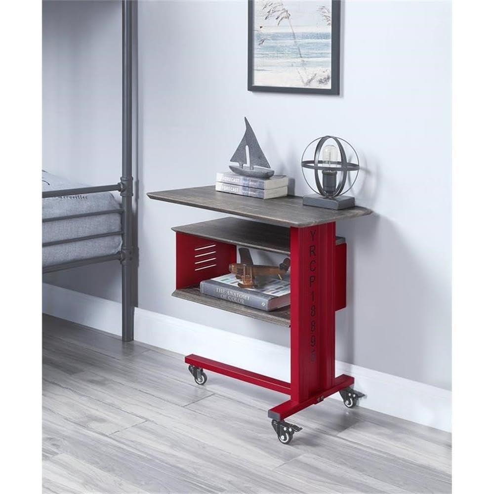 Acme Cargo Industrial Metal Side Table with Wall Shelf & Casters - Red Accent Table for Living Room, Bedroom or Office - Sturdy Rolling End Table with Storage Shelf
