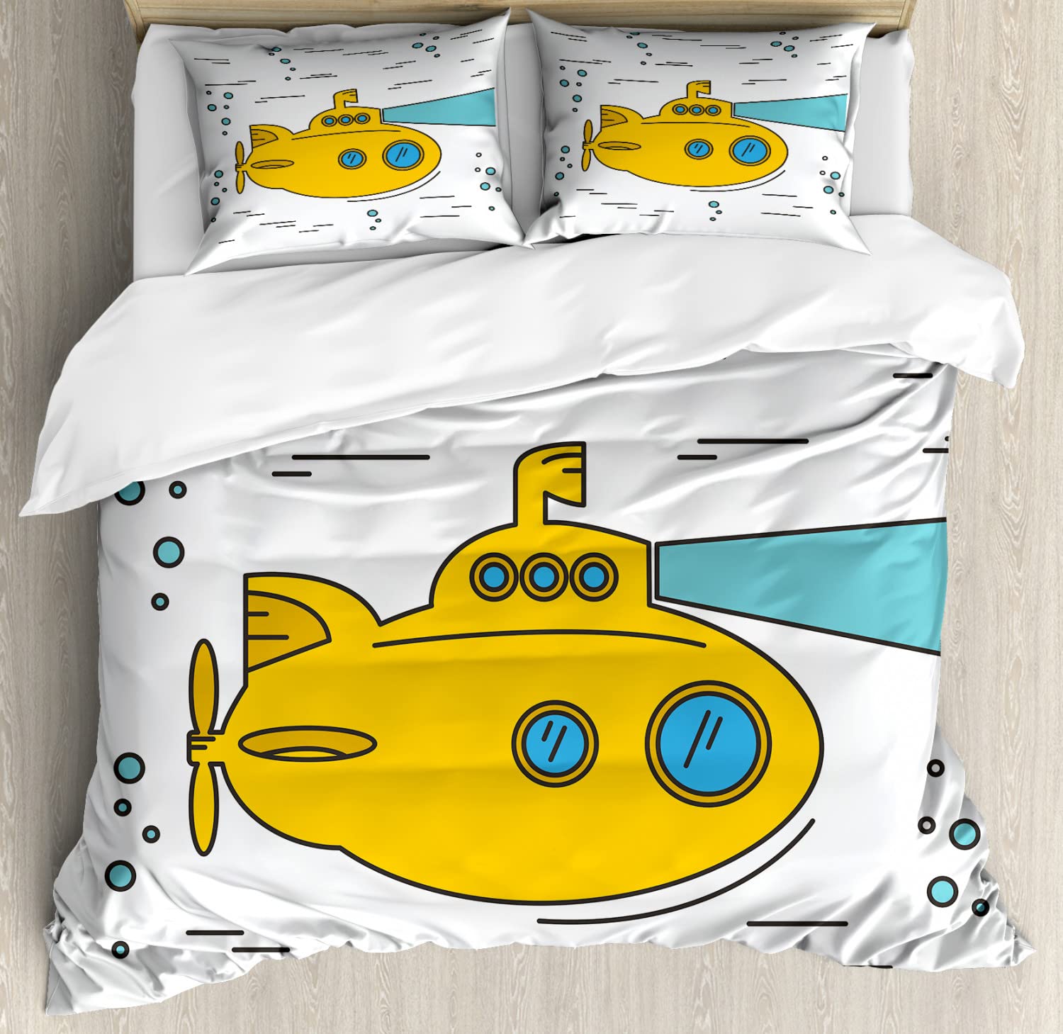 Ambesonne Yellow Submarine Duvet Cover Set - King Size 2-Pack with 2 Duvet Covers & 4 Pillowcases | Ocean Nautical Adventure Underwater Theme, Cartoon Porthole Design in White, Yellow & Blue | Perfect for Kids' Bedrooms, Nautical Themed Decor & Submarine Lovers