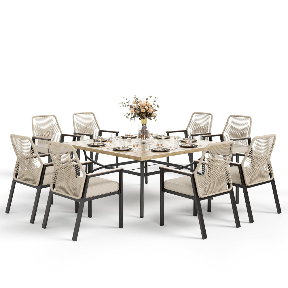 PHI VILLA 9-Piece Outdoor Patio Dining Set with Handwoven Rattan Chairs - Perfect for Backyard BBQs, Garden Parties & Poolside Entertaining
