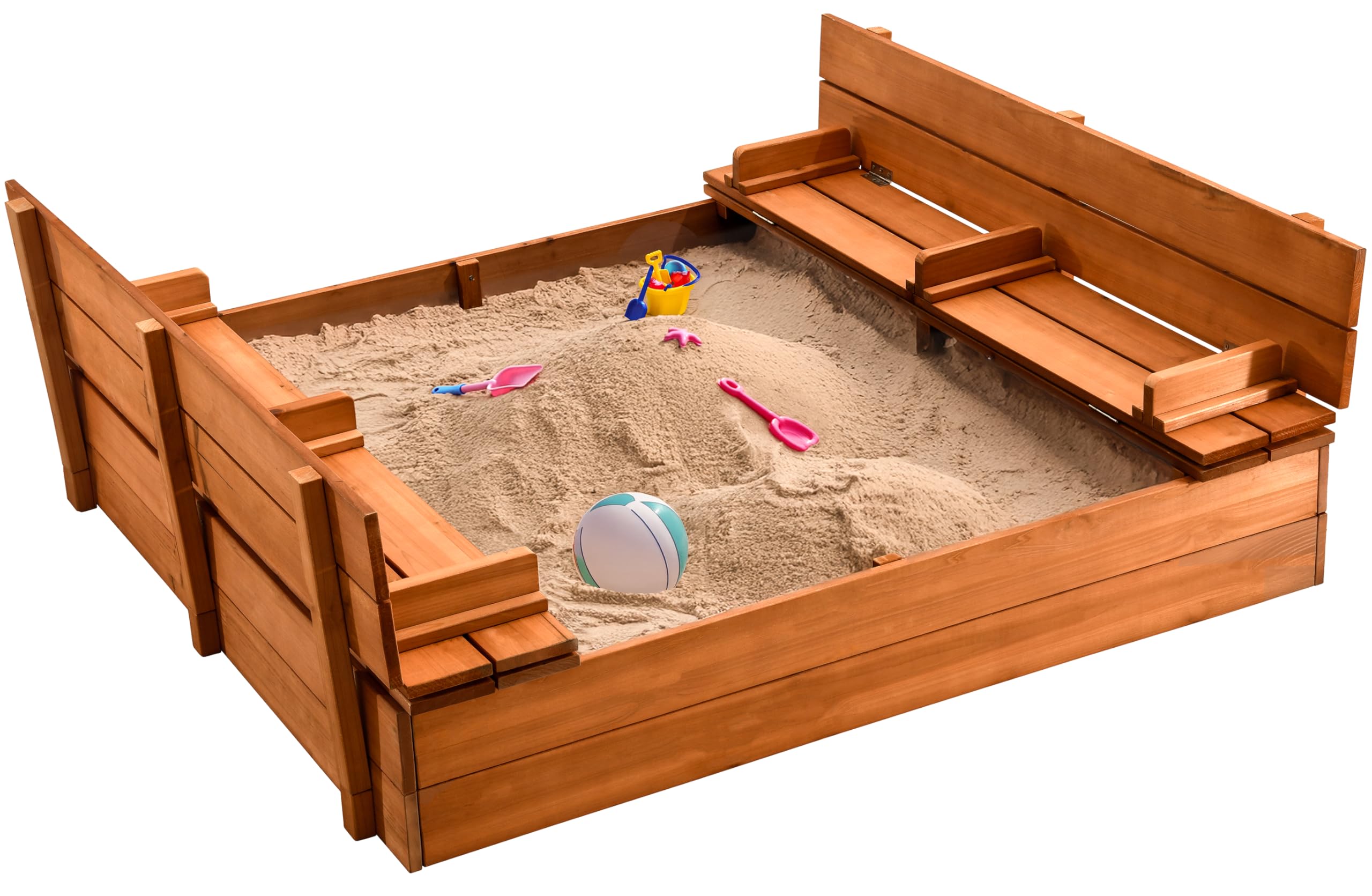Large Wooden Kids Sandbox with Lid – Outdoor Sand Box with Cover, Foldable Bench Seats & Bottom Liner – Perfect for Backyard, Garden & Playground Sand Play