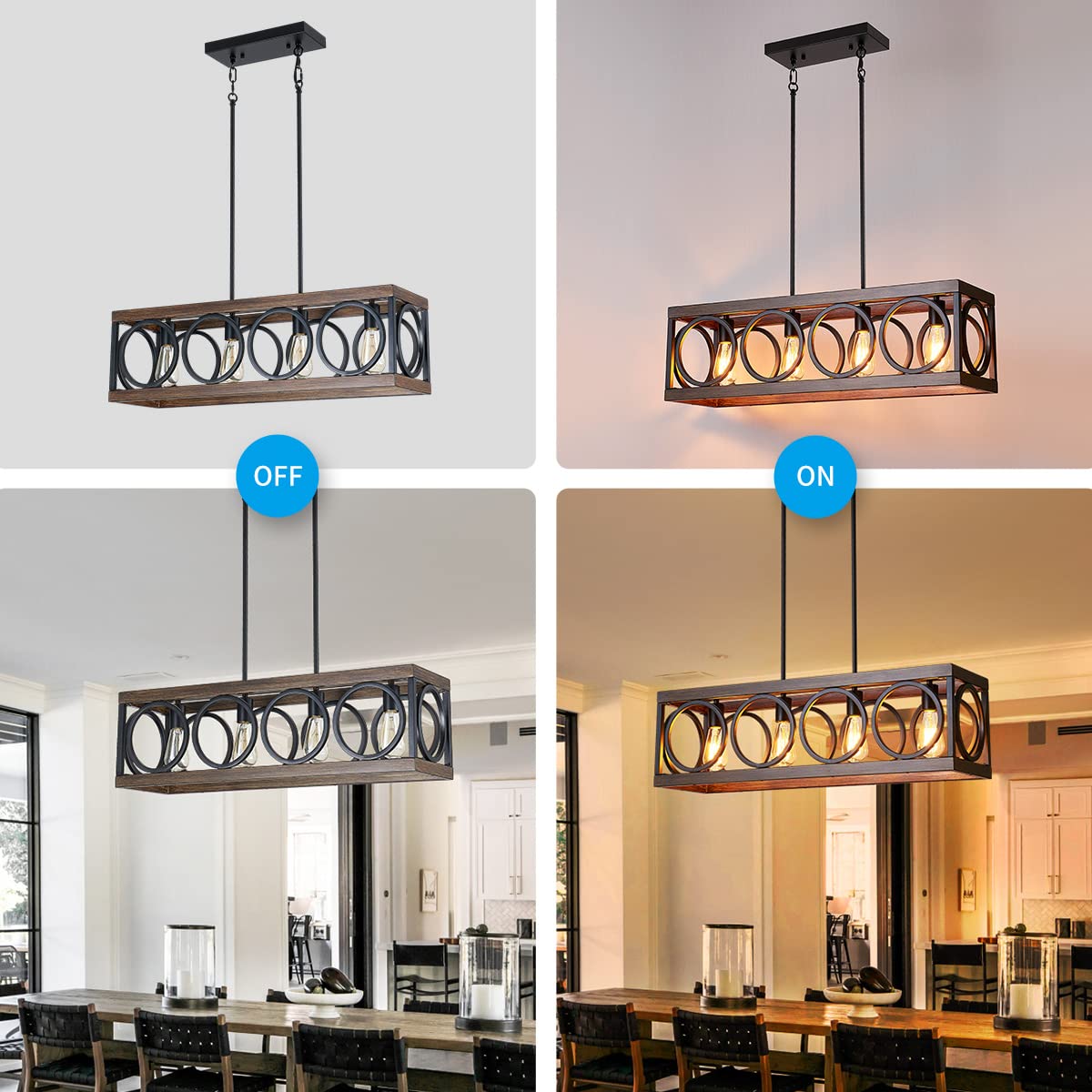 XINGQI Black Kitchen Island Light Fixture - Farmhouse Rectangular Linear Chandelier with Wood Grain Finish | 4-Light Pendant Ceiling Lighting for Dining Room, Bar, Office & Coffee Shop | Perfect for Modern Rustic & Industrial Decor