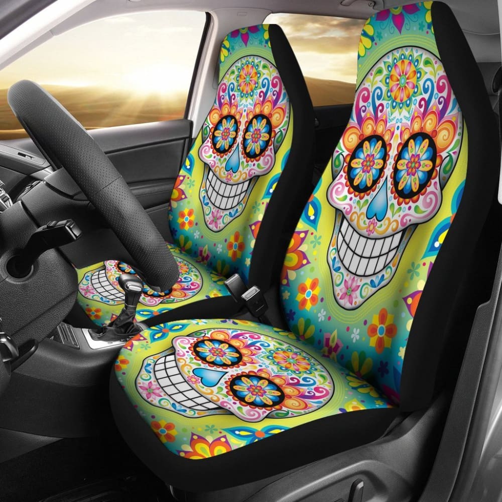 2 Pcs Gothic Sugar Skull Car Seat Covers - Halloween Decor, Dia de Los Muertos Accessories for Cars, Trucks & SUVs - Perfect for Day of the Dead Celebrations & Gothic Style Lovers