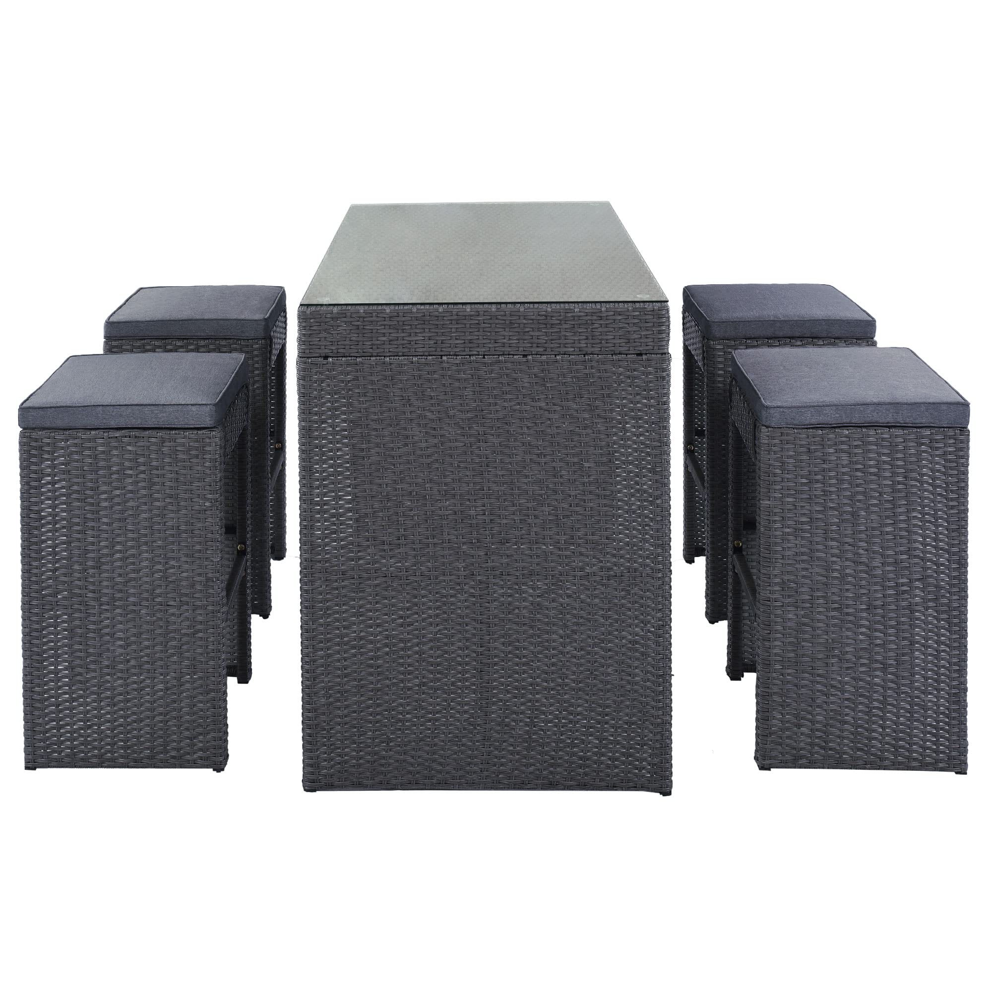 5-Piece Rattan Outdoor Patio Furniture Set with 4 Stools & Gray Cushions - Wicker Bar Dining Table for Backyard, Garden, Poolside or Balcony