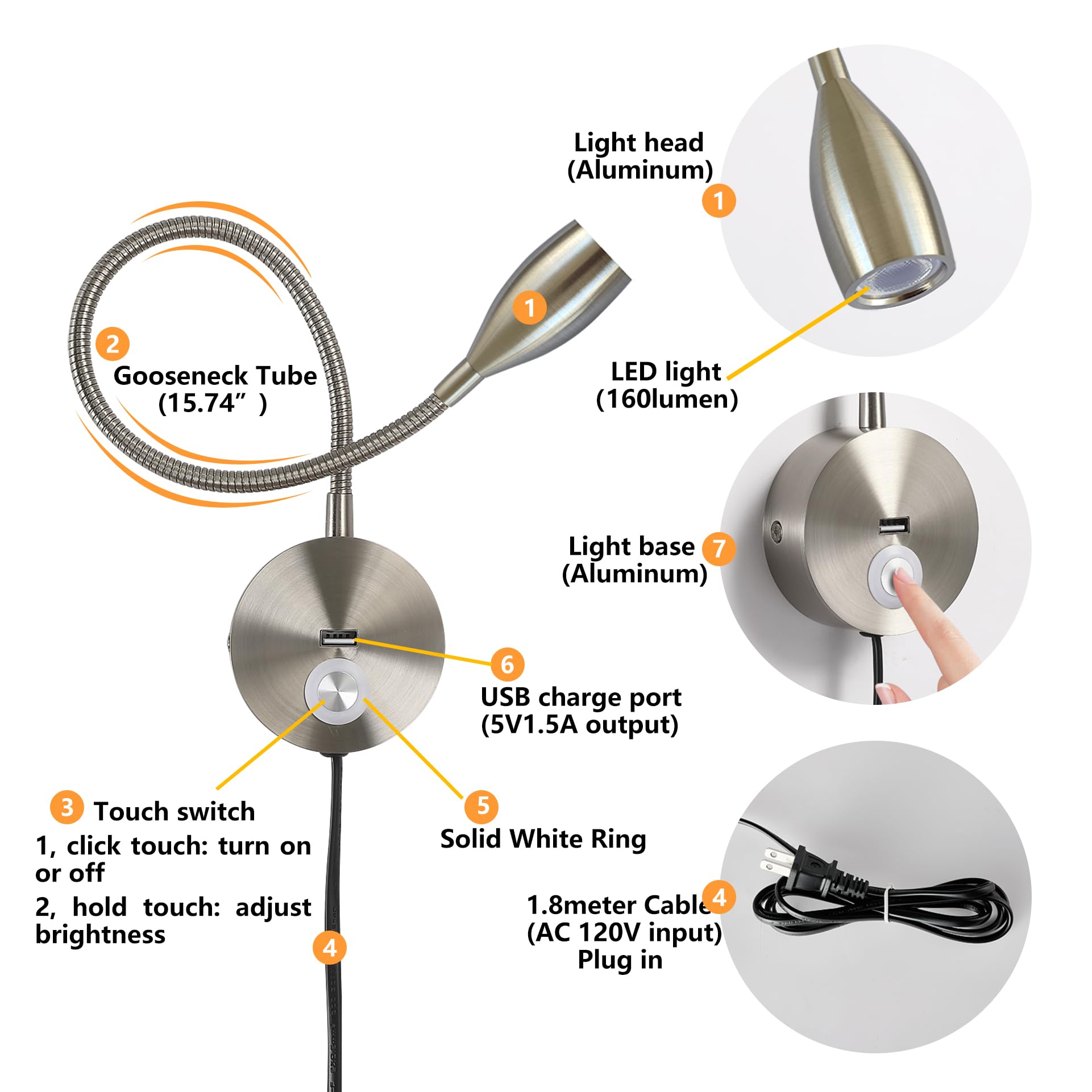 Wall Mounted Dimmable LED Reading Light with Touch Switch - Adjustable Gooseneck Task Lamp for Bed Headboard (3W, 120V AC, Brushed Nickel, Warm White) - Perfect for Night Reading, Studying, and Bedside Lighting
