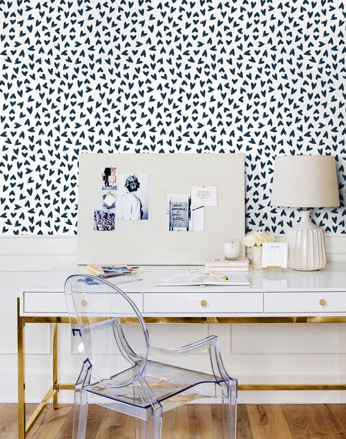 Hearts Wallpaper by Sugar Paper - Navy on White Peel & Stick Wallpaper for Nursery, Bedroom, and Home Decor
