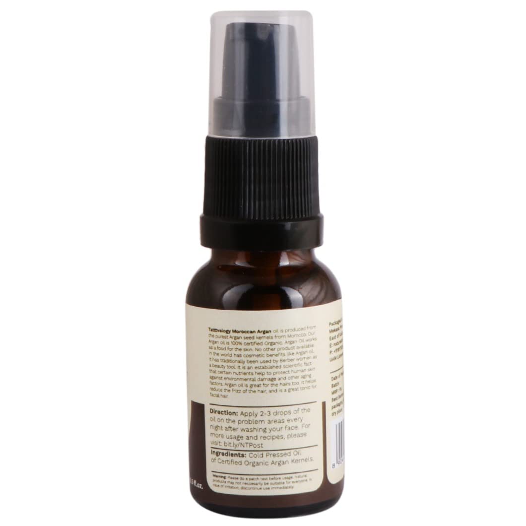 Tattvalogy Moroccan Argan Oil - Certified Organic, Unbleached & Unrefined Hair & Skin Treatment | Non-Sticky, Chemical-Free Pure Argan Oil in Glass Bottle (15ml) | For Hair Growth, Scalp Care & Skin Hydration | Perfect for Daily Hair Serum & Night Skin Routine