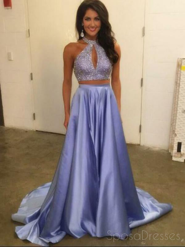 Elegant Lilac Halter Two-Piece A-Line Beaded Long Evening Prom Dress for Women - Perfect for Formal Events, Dances & Special Occasions