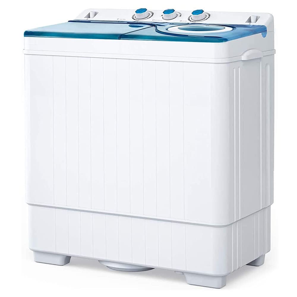 **26Lbs Semi-Automatic Twin Tub Washing Machine with Built-in Drain Pump - Portable Laundry Solution for Apartments, Dorms, RVs, Camping & Travel - White & Blue (US Standard) - Perfect for Small Spaces & Off-Grid Living**