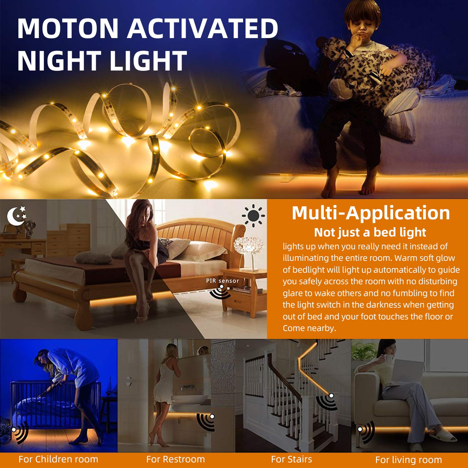 HOUHUI Motion Sensor LED Light Strip - 2 Pack 9.8Ft Smart Under Cabinet Lighting with Auto Shut-Off Timer, Warm White Bedroom Night Lights for Hallway, Stairs, Closet & Home Safety (Indoor Use)