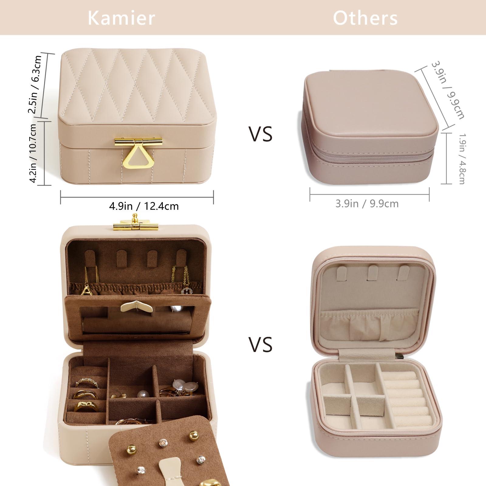 KAMIER Diamond Quilted Leather Travel Jewelry Organizer Box - Portable Women's Jewelry Case with Mirror, Small Jewelry Storage for Necklaces & Rings - Perfect for Travel, Home Use & Christmas Gifts (Beige)