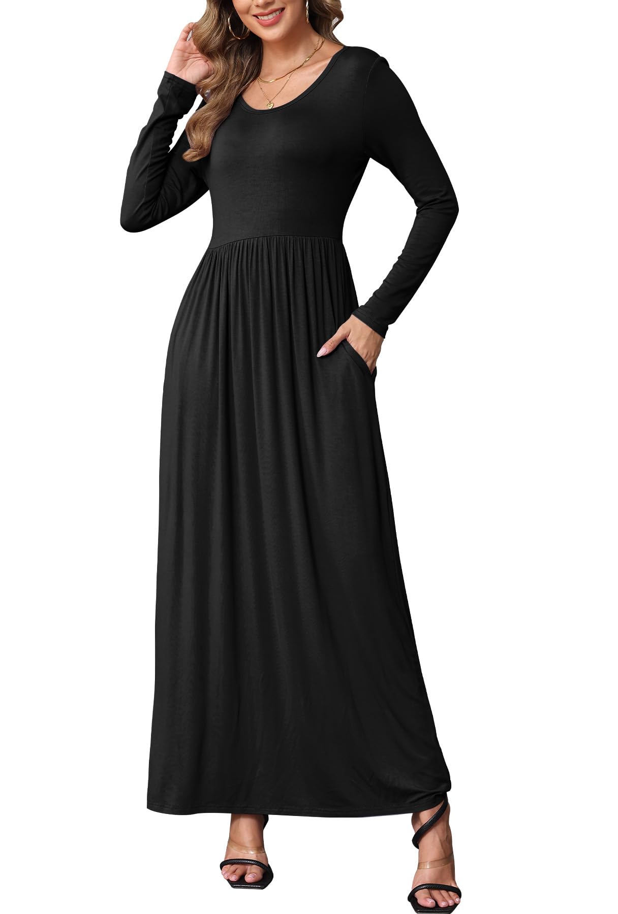 EUOVMY Women's Long Sleeve Maxi Dress - Loose Fit Casual Long Dress with Pockets for Fall & Winter | Perfect for Daily Wear, Office, Travel & Special Occasions