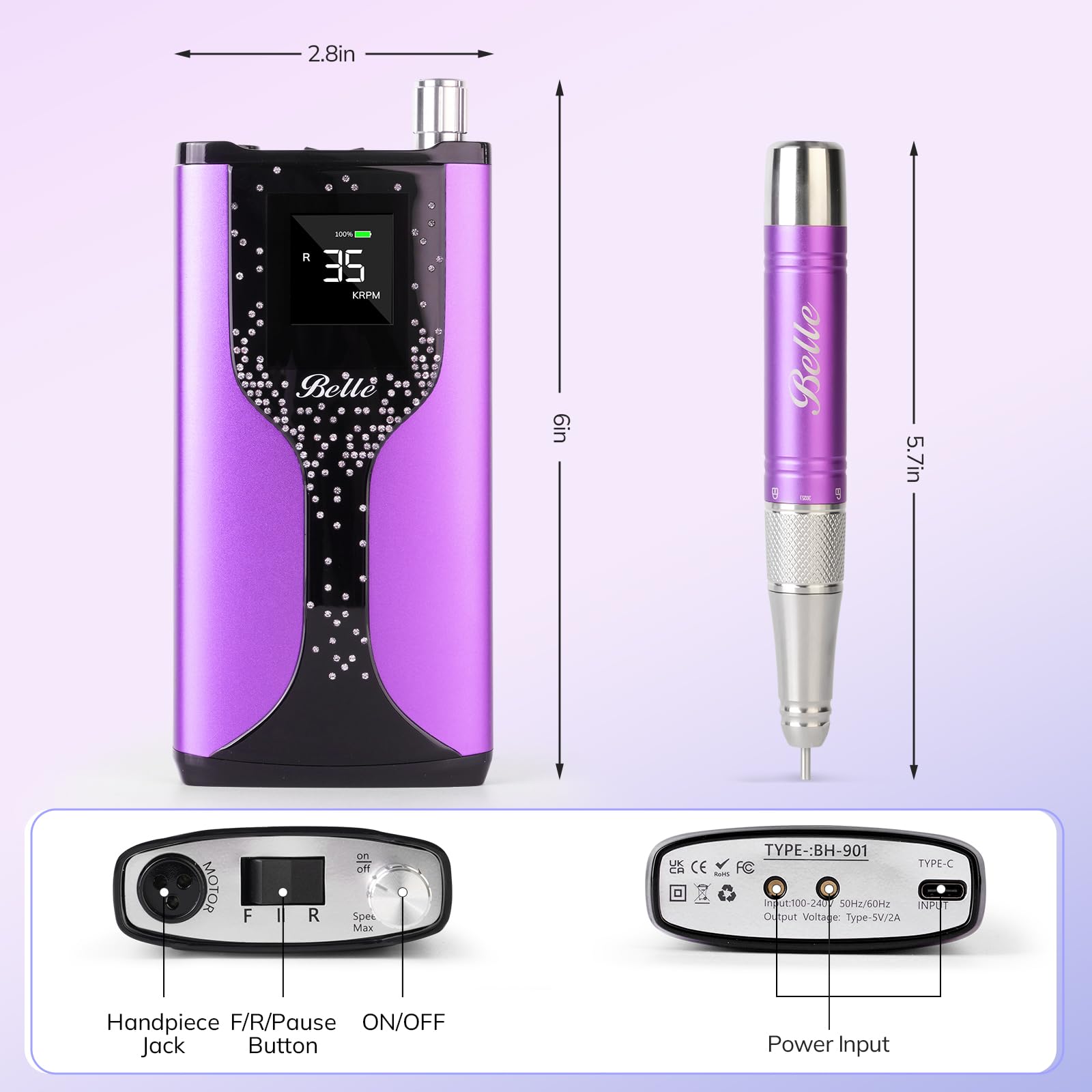 Belle Professional Nail Drill Machine - 35000RPM Brushless Motor, Cordless Rechargeable Nail File for Acrylic & Gel Nails with Diamond Charging Base & Carrying Case (Bling Purple) | Perfect for Salon, Home Manicures & Nail Art DIY