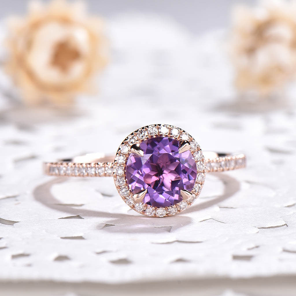 7mm Natural Round Cut Amethyst Engagement Ring - 14K Rose Gold Halo Prong Setting with Diamond Accents | Perfect for Weddings, Anniversaries & Romantic Proposals