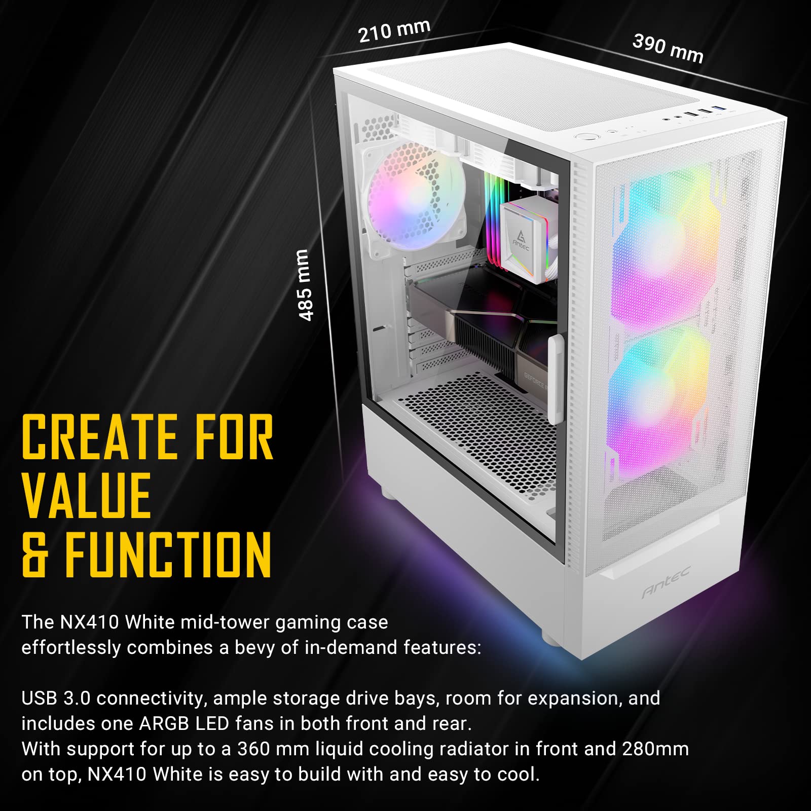 Antec NX410 White ATX Mid Tower PC Case with Tempered Glass Side Panel - 2x140mm Front & 1x120mm ARGB Rear Fans Pre-Installed - Gaming Computer Case for Home & Office Builds