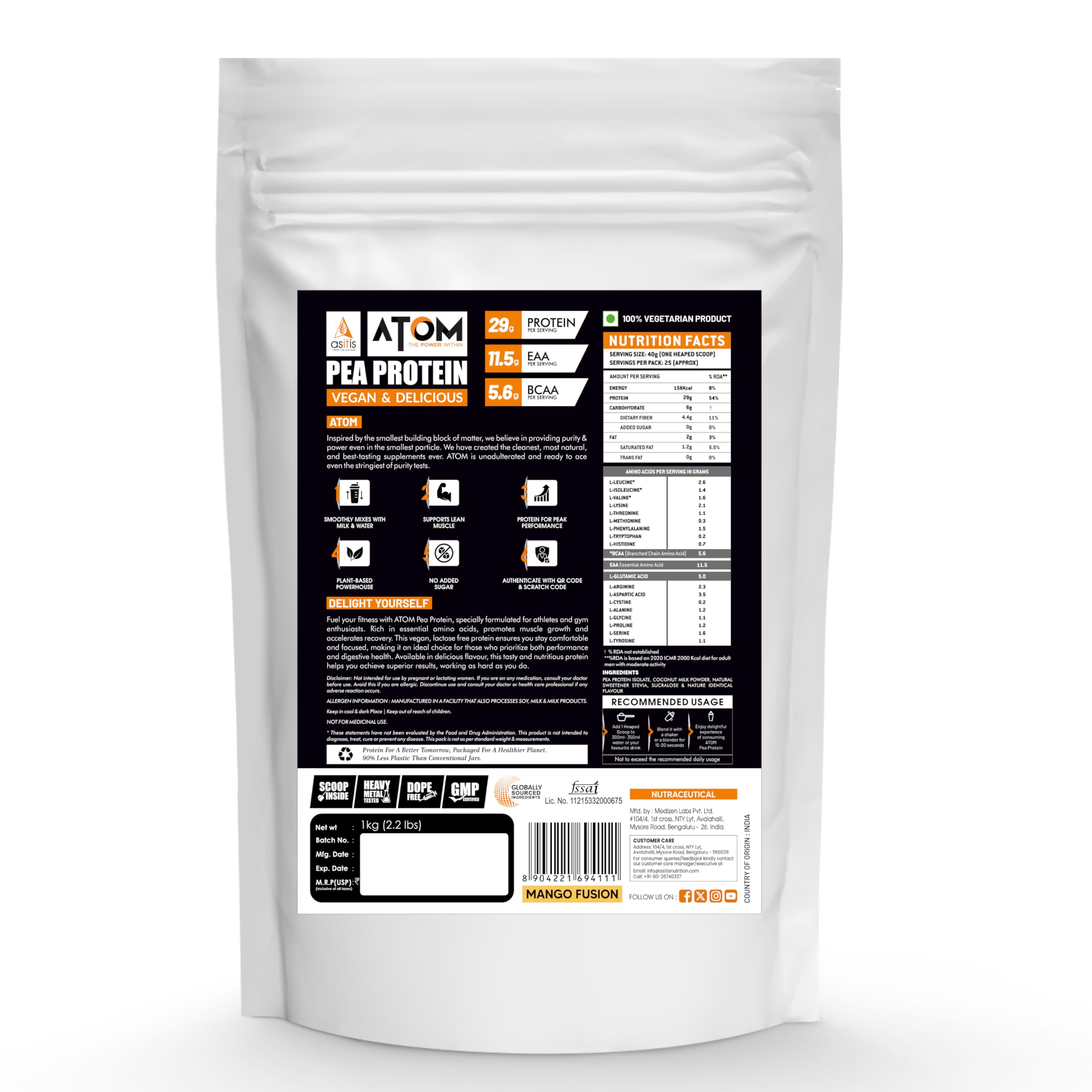 AS-IT-IS Nutrition ATOM Pea Protein Powder - 29g Plant-Based Protein for Muscle Growth & Recovery | Easy to Digest Vegan Protein Supplement | 1Kg (Mango Fusion) | Perfect for Post-Workout Shakes & Smoothies