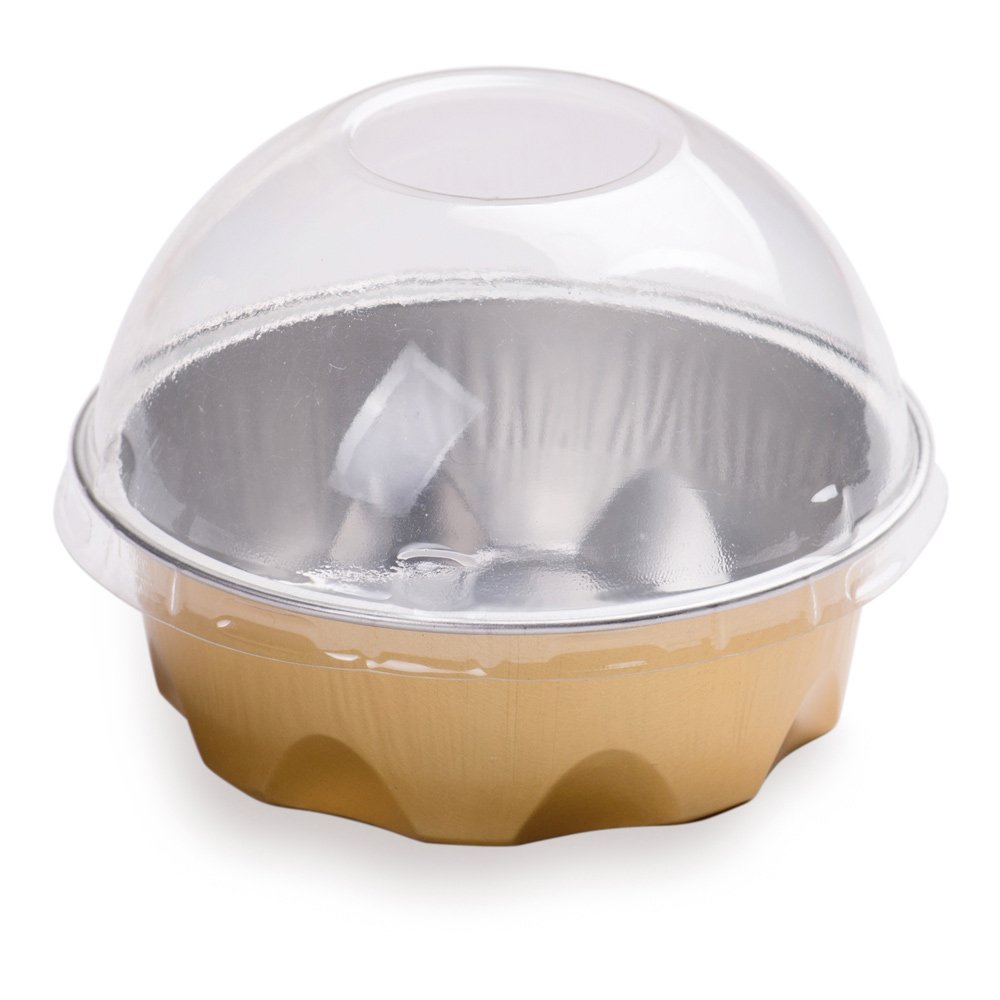 100-Pack 3.4oz Disposable Ramekins with Dome Lids - Gold Aluminum Oven-Safe Baking Cups for Creme Brulee, Cupcakes & Muffins | Freezer & Oven Ready | Perfect for Restaurants, Catering & Home Baking