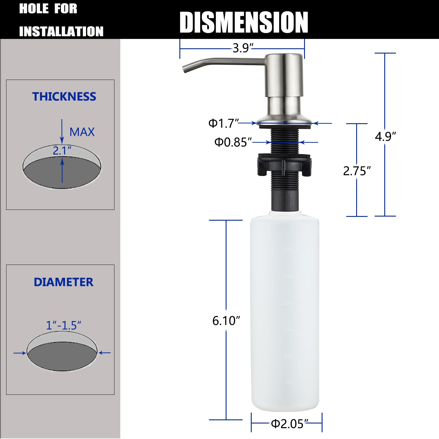 Brushed Nickel Soap Dispenser for Kitchen Sink - Top Refill Stainless Steel Built-in Soap Dispenser with 13oz Bottle | Perfect for Modern Kitchens, Bathrooms & Restaurants