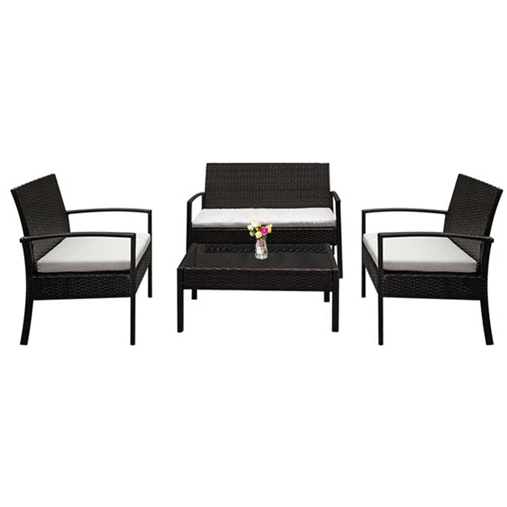 Outdoor Rattan Furniture Set 4-Piece PE Wicker Sofa with Tempered Glass Table - Brown Rattan & Beige Cushions for Garden, Patio, Poolside or Backyard Relaxation | Perfect for Outdoor Entertaining & Lounging