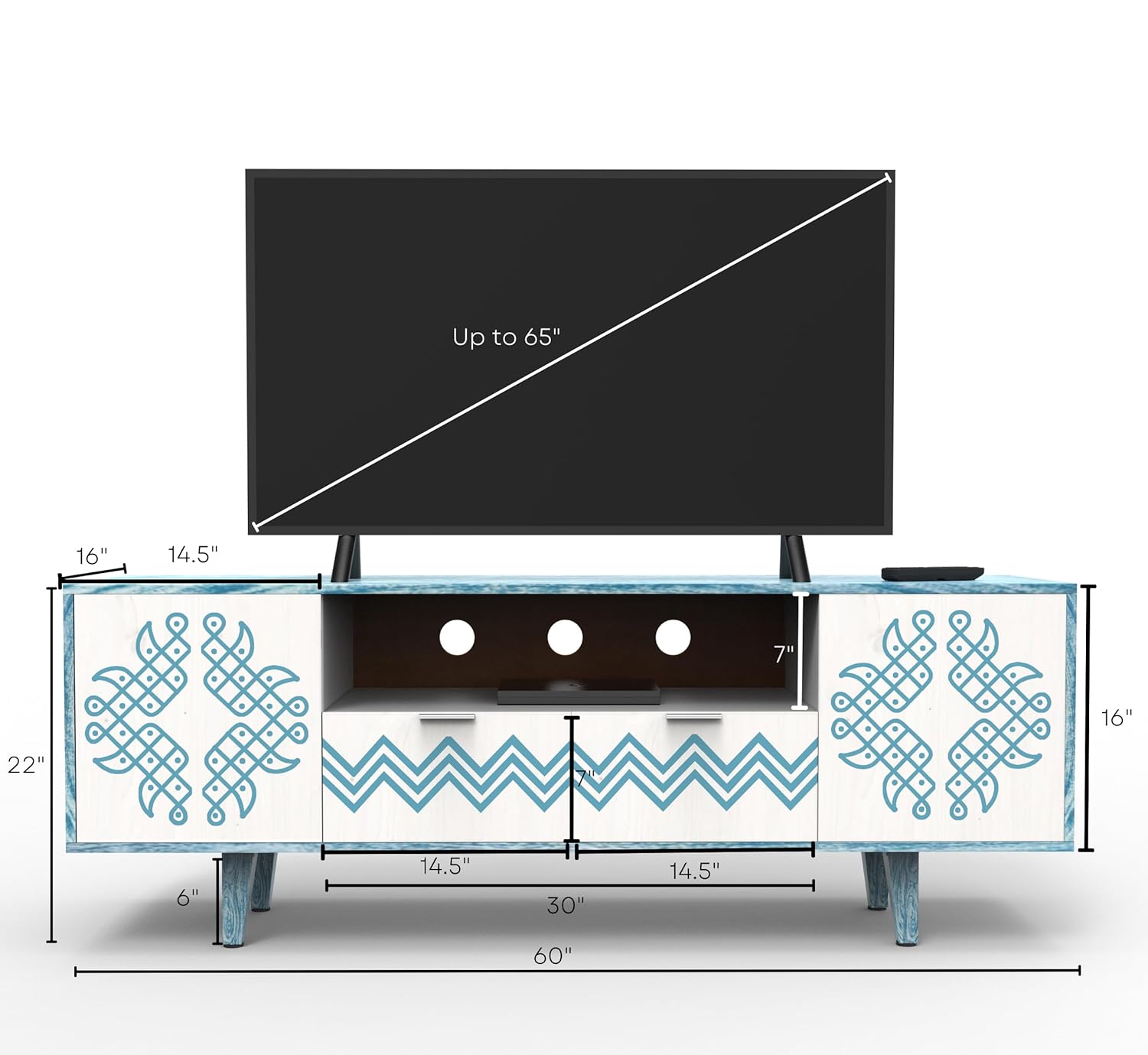 Corsica Verve Mango Wood TV Stand Console Table with Storage - Textured White and Blue Finish - Modern Living Room Furniture for TV Entertainment Center & Media Storage