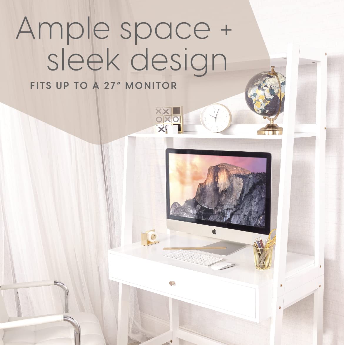 Milliard White Ladder Desk with Storage - Freestanding Wall Computer Desk with Drawer and Shelves for Home Office, Study Room, or Small Space Workstation