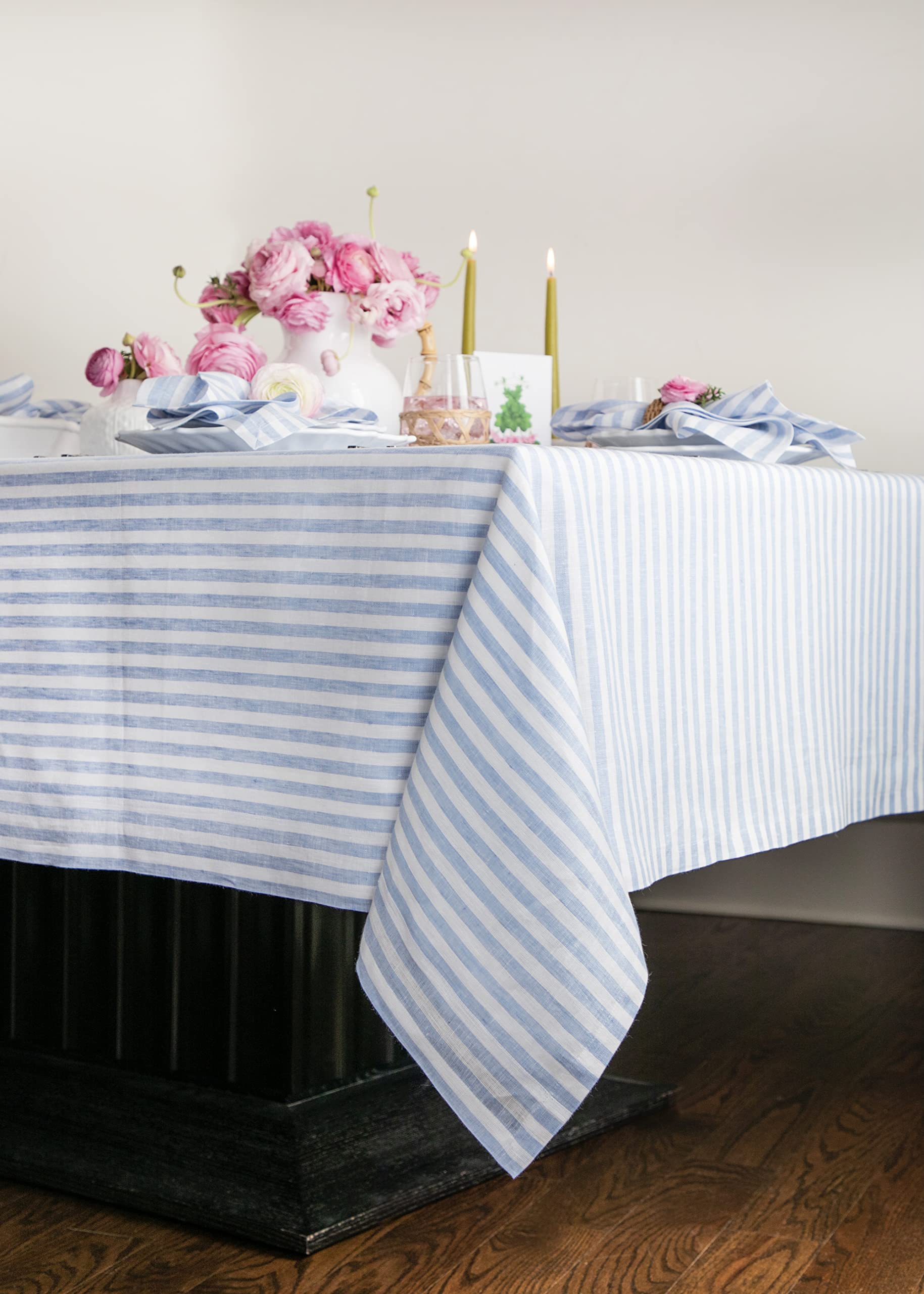 Solino Home 100% Pure Linen Tablecloth - Sky Blue & White Striped Easter Table Runner 60x90 Inch - Handcrafted, Machine Washable - Perfect for Dining, Parties, Weddings & Holiday Decor
