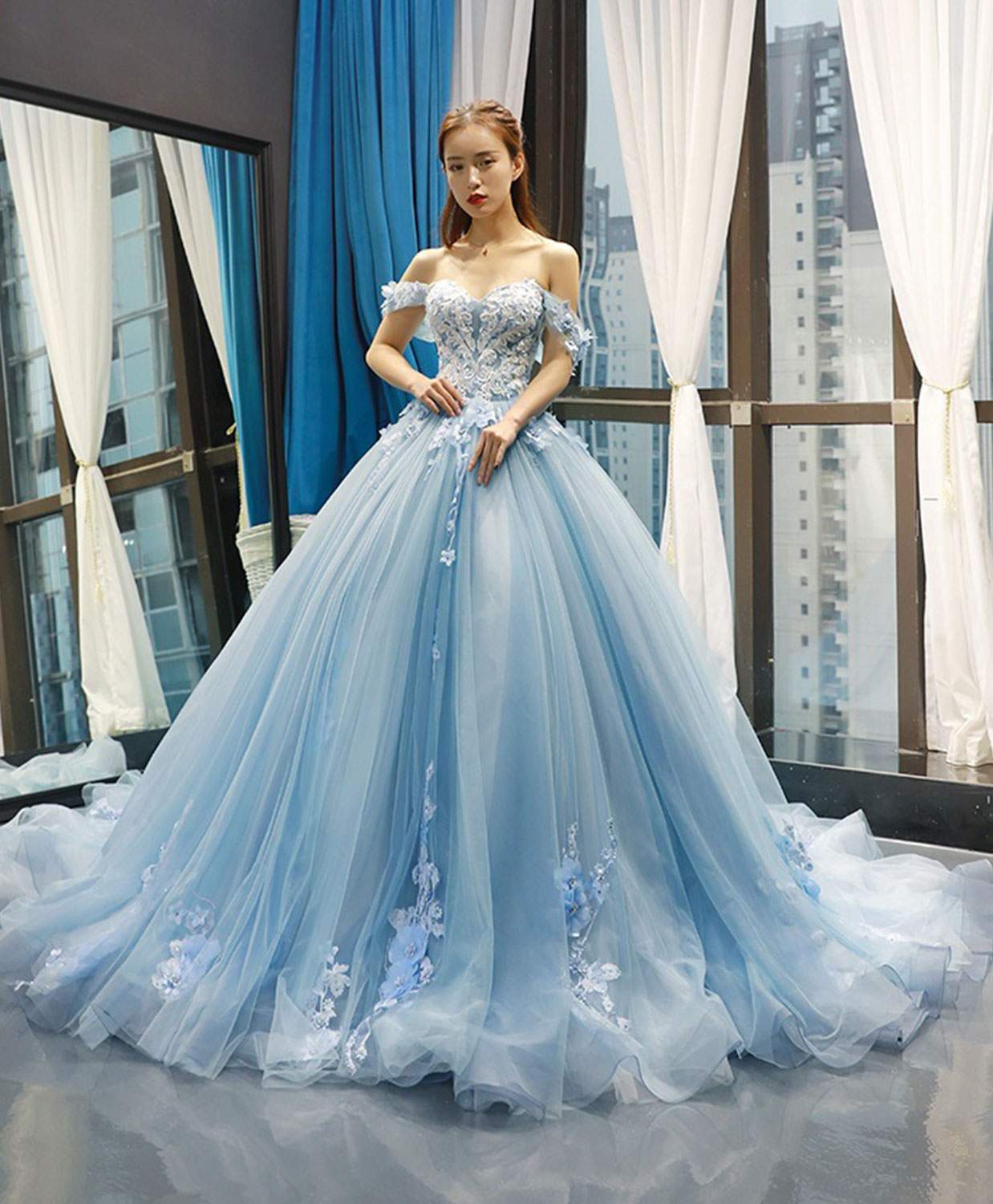 Elegant Blue Off Shoulder Tulle Lace Long Prom Dress - Formal Ball Gown Evening Dress for Homecoming, Wedding, Quinceañera & Special Occasions